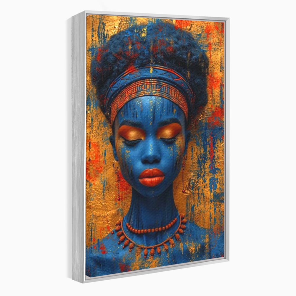 Tablou canvas cu portret de femeie cu piele albastra, in rama de aluminiu argintiu